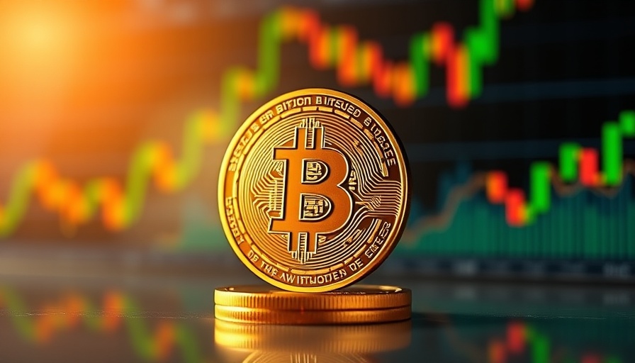 Golden Bitcoin coin with stock market chart background.