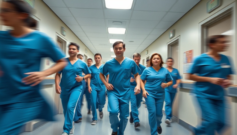 Healthcare professionals moving quickly in hospital corridor
