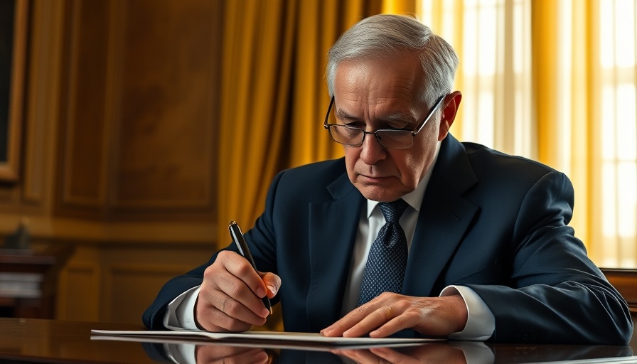 Older man signing a document with serious expression, warm room.