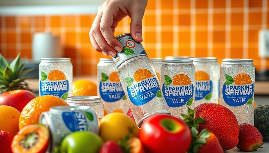 Colorful sparkling water cans with fruits, promoting health goals.