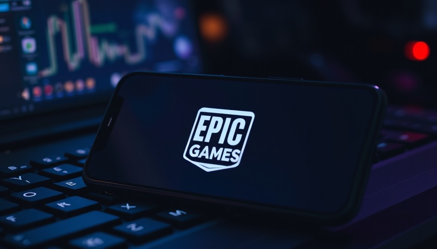 Epic Games logo on smartphone with keyboard backdrop.