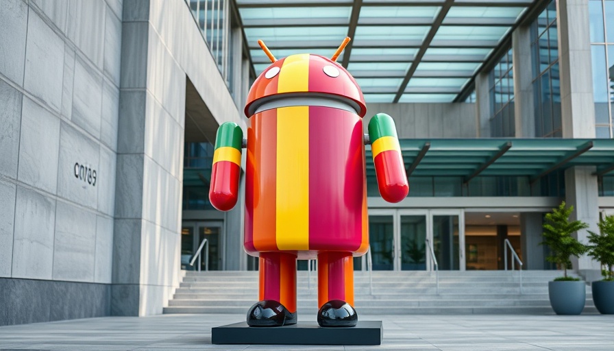 Vibrant rainbow Android statue at modern venue, Android 16 display.