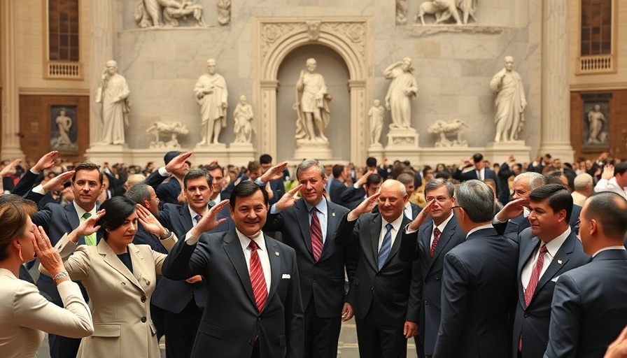 People saluting in a formal setting with America-first policies theme.
