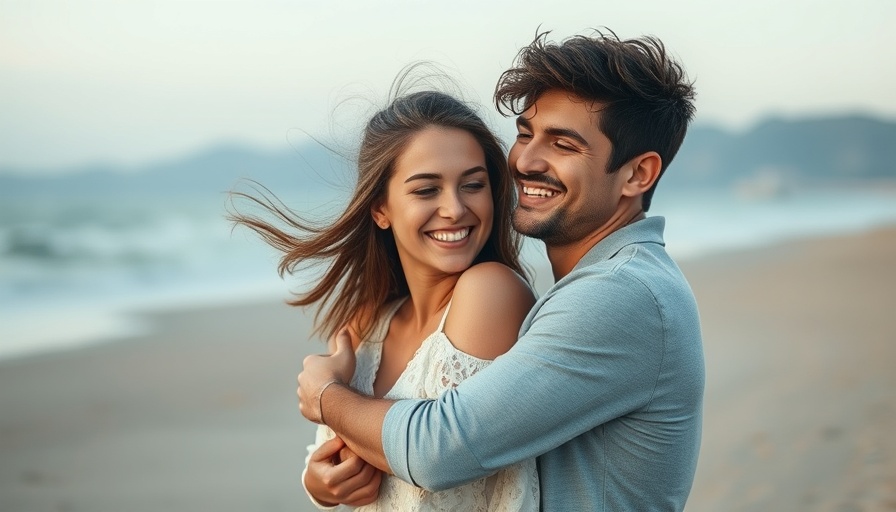 Smiling couple embracing at the beach, Cancer compatibility theme
