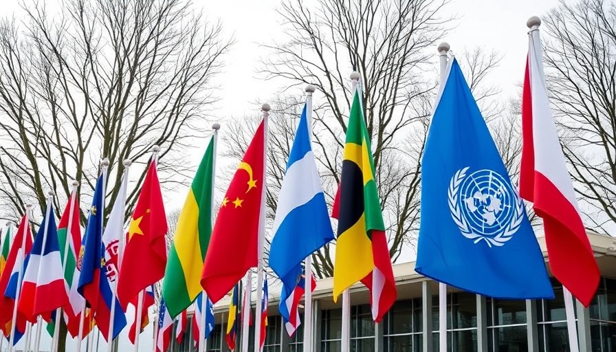 Flags at WHO building symbolizing US exit from WHO, cloudy day.