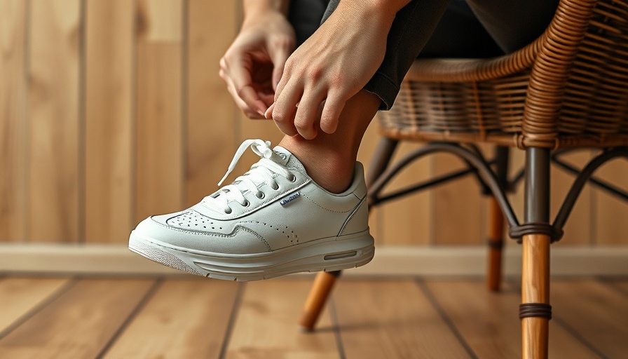 White Cariuma sneakers worn, earthy wooden background.