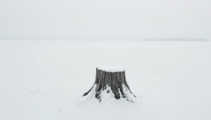 Solitary tree stump in snowy field depicting forest protection.