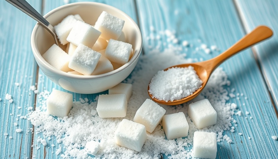 Erythritol cubes in bowl and spoon on blue background.