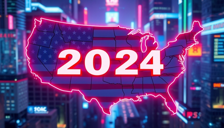 Neon USA map and Election 2024 scene highlighting foreign influence.
