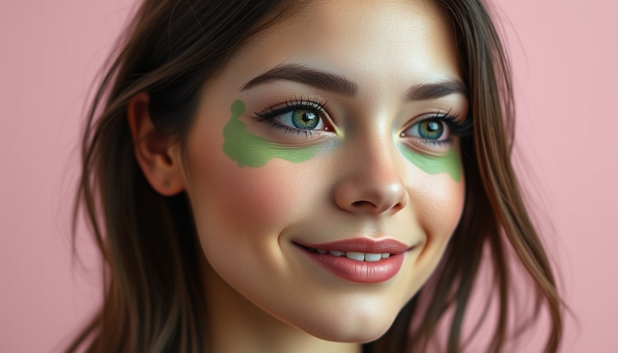 Young woman using matcha eye patches against pink background.