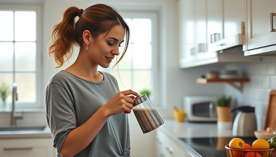 Young woman pouring coffee in modern kitchen, heart health routine.