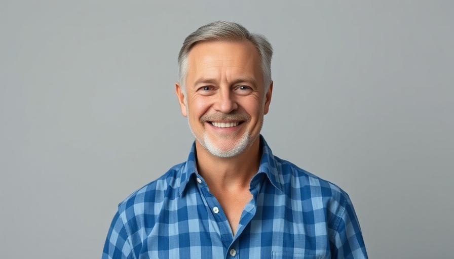 Portrait of a smiling man in a blue checked shirt against gray background.