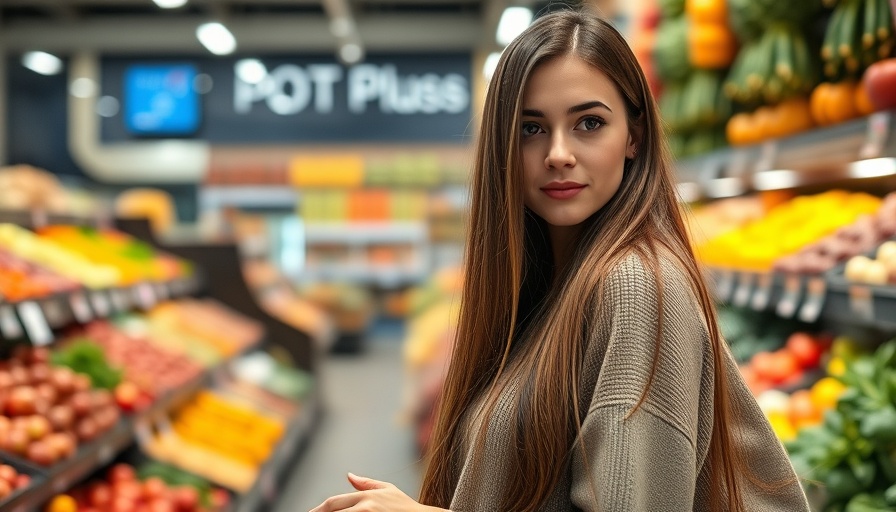 Young woman with healthy hair shopping for produce.