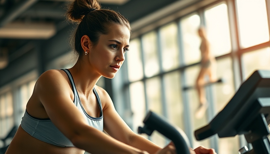 Focused woman on stationary bike, enhancing memory with intense exercise.