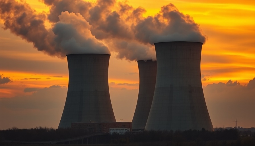 Dramatic nuclear cooling towers at sunset, DeepSeek AI environment.