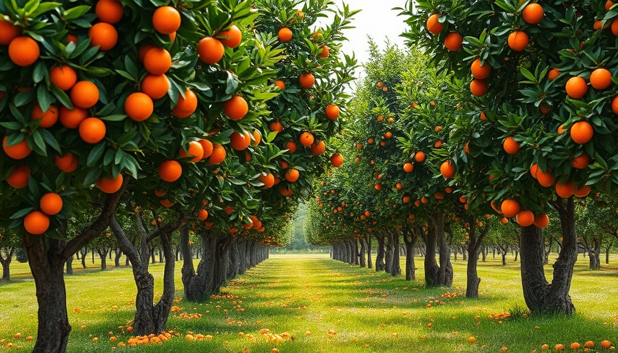 Vibrant orange grove demonstrating UK agriculture in full bloom.