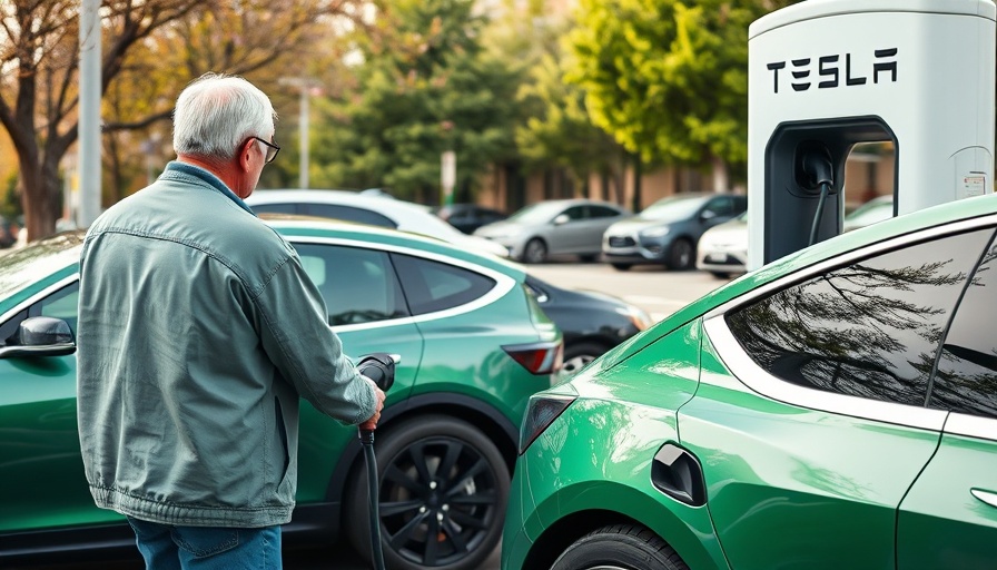 Tesla Supercharger access with older person charging green electric vehicle outdoors.