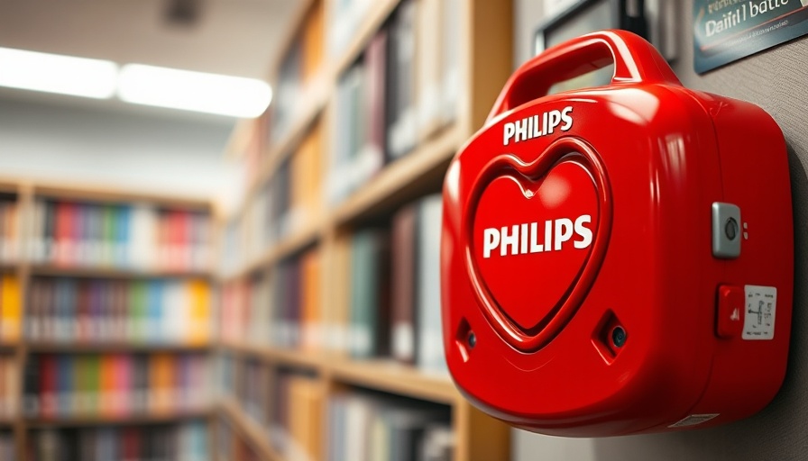 Philips defibrillator on wall in library setting, emergency care device.