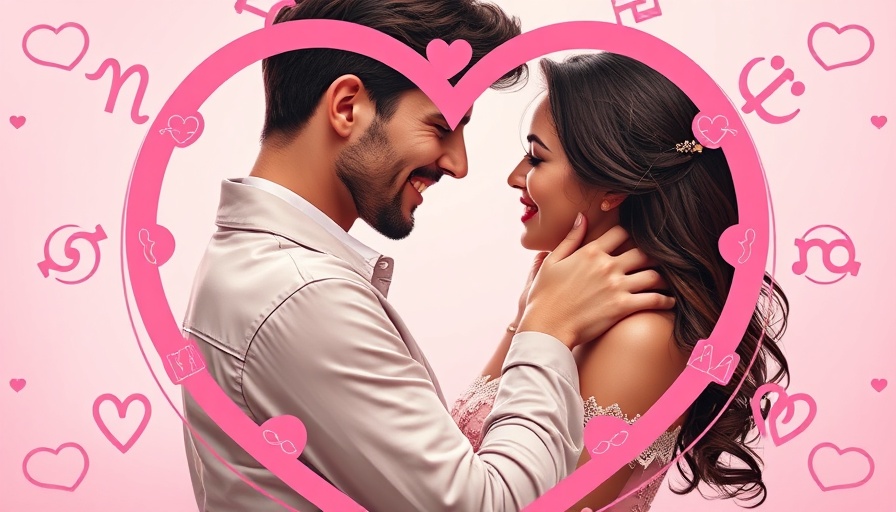 Romantic couple embracing in heart frame, Capricorn compatibility theme.