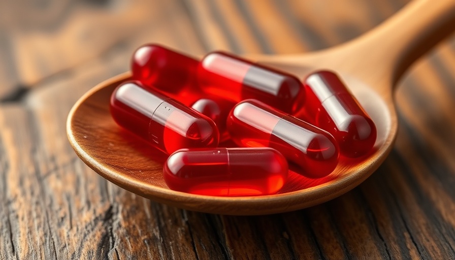 Glossy red krill oil capsules on a wooden spoon.