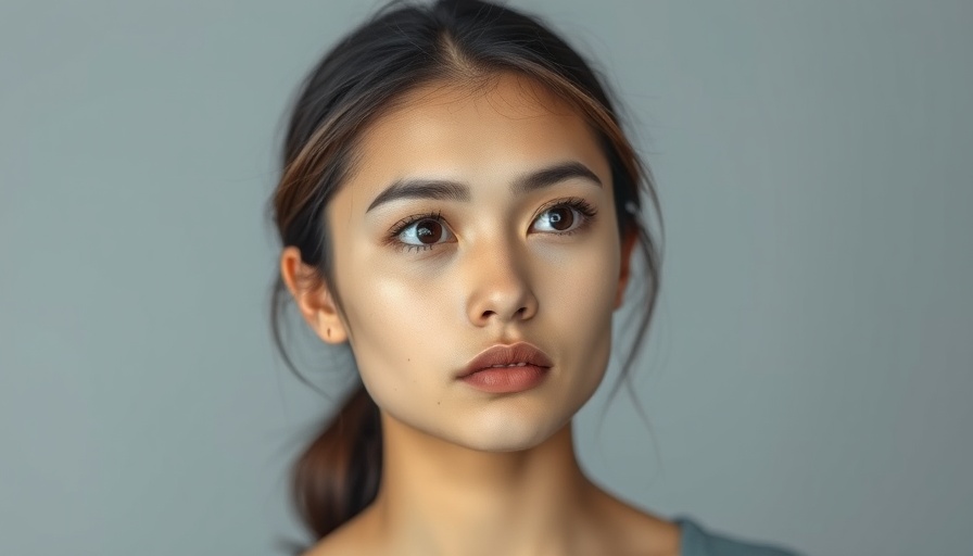 Young woman with oily dehydrated skin looking thoughtful.