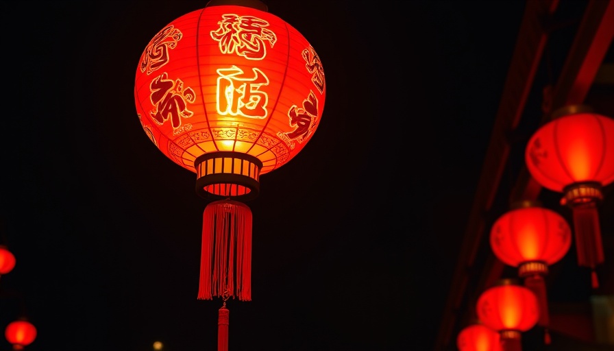 Red Chinese lantern glowing at night; metaphor for Yin Wood Snake.