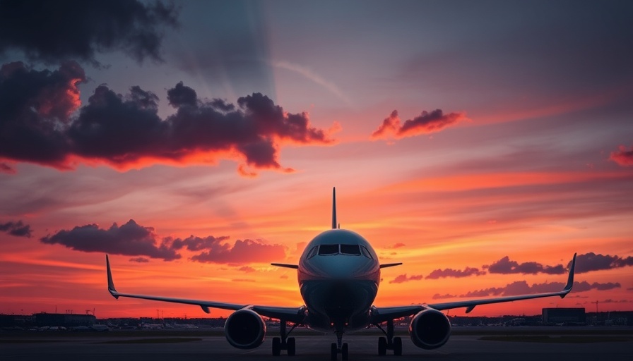 Silhouetted airplane nose with dramatic sunset, airport setting.