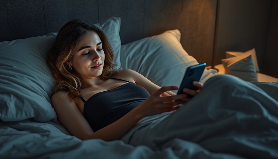 Young woman using smartphone in a cozy room, part of SkinTok trend.