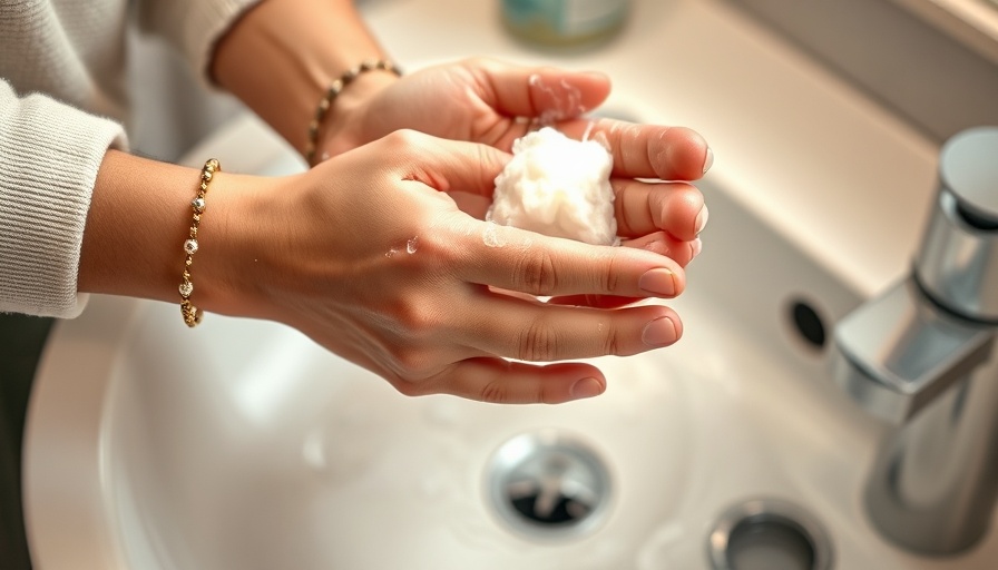 Hands lathering with hand wash soap in modern bathroom setting.
