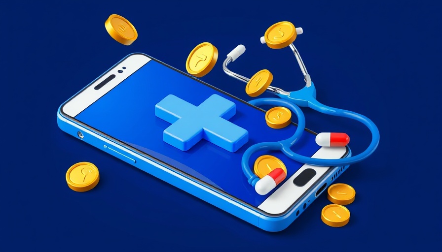 Colorful telehealth graphic with a smartphone and medical elements.