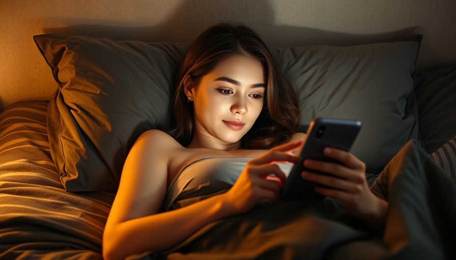 Young woman relaxing in bed, using smartphone on SkinTok.