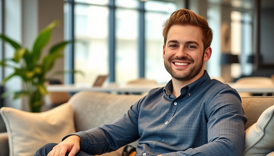 Young man smiling on a couch in a modern office for genetic testing.