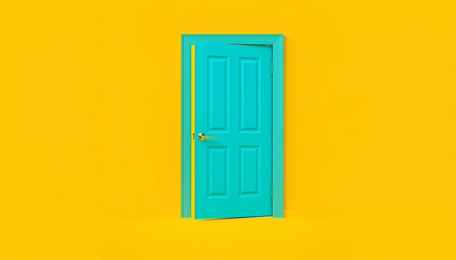 A cyan door ajar against a yellow background, symbolic concept.