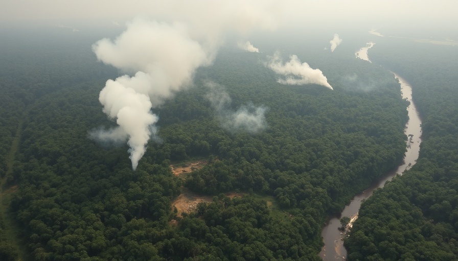 Aerial view of Amazon deforestation fires with smoke and road.