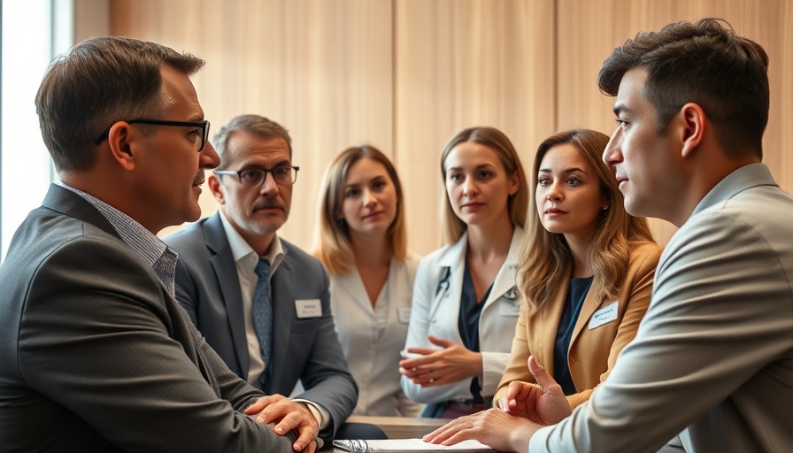 Professionals discussing Medicare knowledge in meeting room.