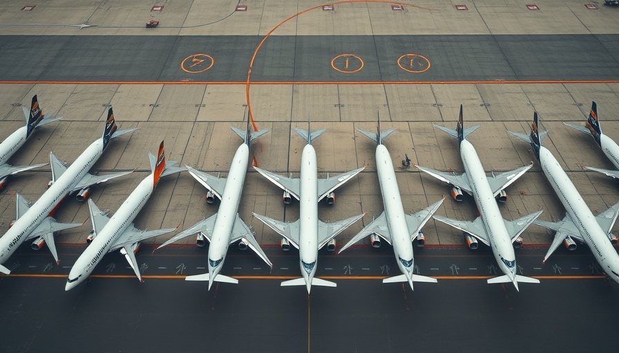 Aerial view of grounded commercial planes on wet tarmac.