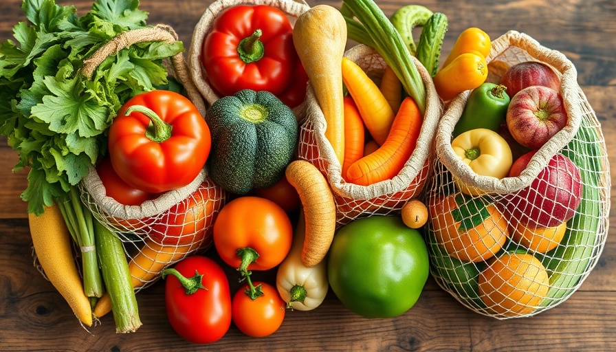 Fresh vegetables and fruits in mesh bags promoting plant-based eating.