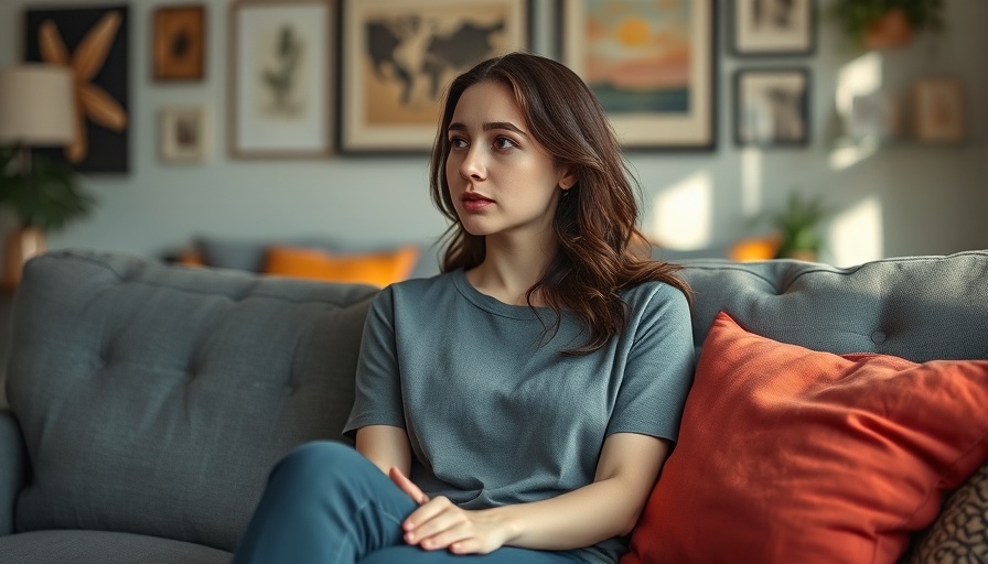 Young woman pondering IUD costs in a cozy living room.