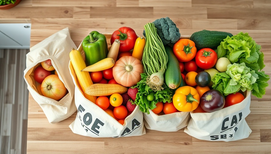 Assorted fresh vegetables and fruits in eco-friendly bags, vegan grocery list.