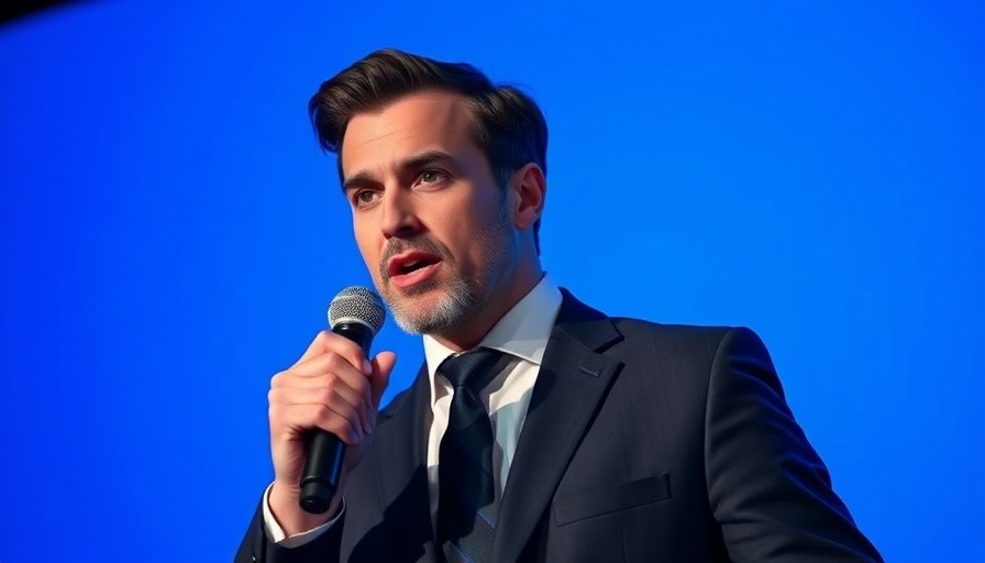 Well-dressed speaker holding a microphone against blue background.