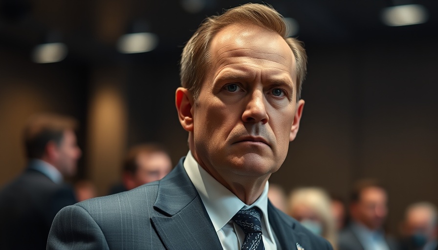 Executive in a suit discussing advertising boycott at a conference.