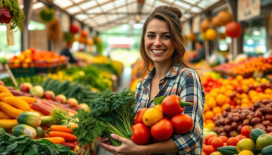 Woman shopping at a farmer's market with fresh produce.