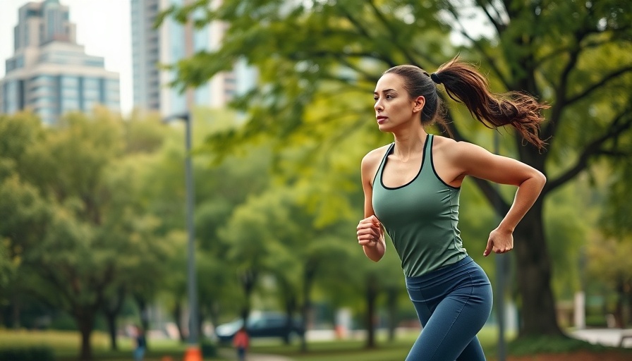 Beginner running in park with earbuds, focused fitness activity