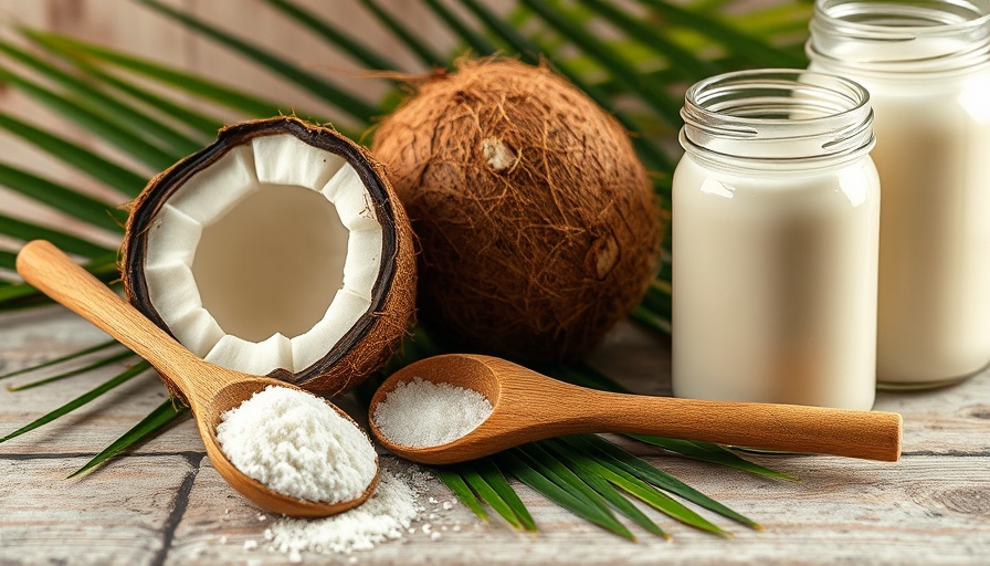 Coconuts and sugar on a rustic table with coconut sugar.