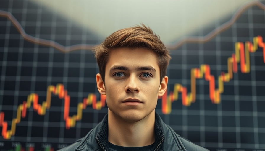 Confident young man with graph background, concept of copy trading.