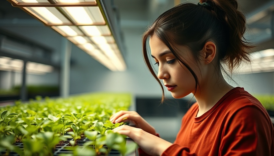 Young woman tending plants in a lab heritable agriculture setup.
