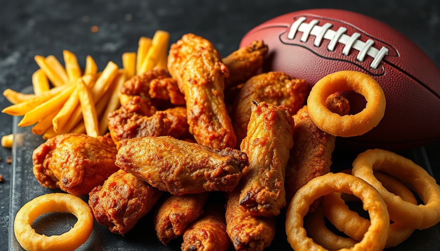 Game day recipes with chicken wings, fries, and onion rings.