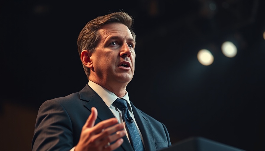 Speaker in suit delivering a speech at event, dramatic lighting.