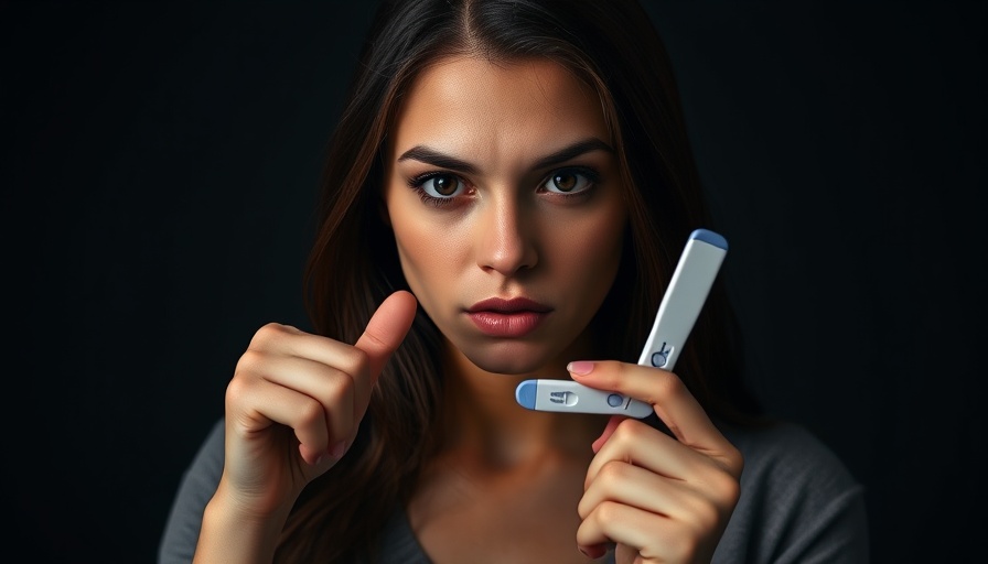 Young woman with pregnancy test making a silence gesture, dramatic lighting.