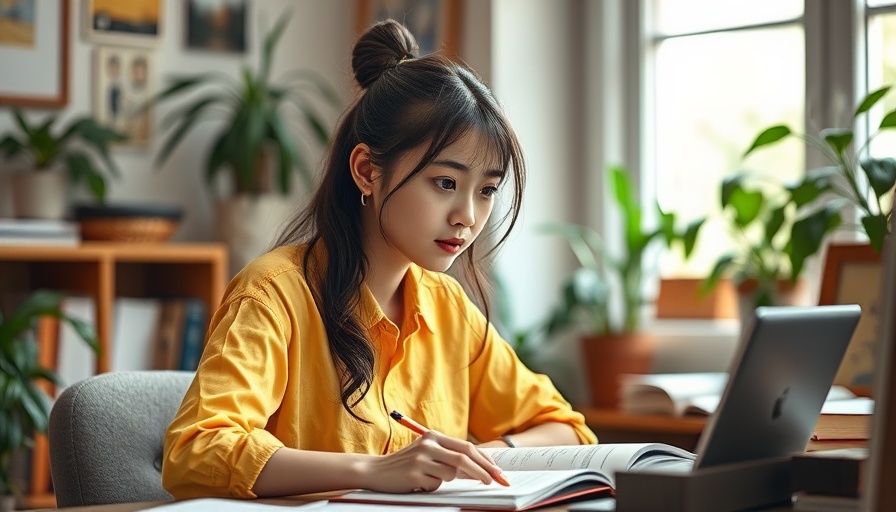 Focused young woman studying at desk with healthy snacks.
